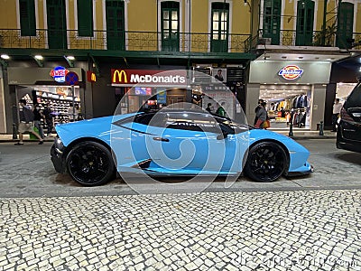 Italian Race Car Baby Blue Lamborghini Speed Automobile Transportation Vehicle Fast Furious Macau Street Luxury Lifestyle Editorial Stock Photo