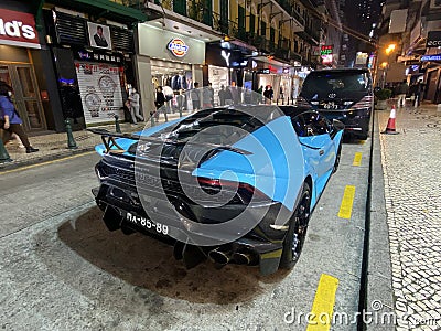 Italian Race Car Baby Blue Lamborghini Speed Automobile Transportation Vehicle Fast Furious Macau Street Luxury Lifestyle Editorial Stock Photo