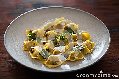 Italian ravioli on white ceramic plate, looking tasty and appetizing with cheese and parsley selective focus on rustic table Stock Photo