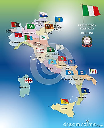 Italian regional flags and map, italy Stock Photo