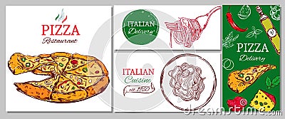Italian restaurant corporate banner set with pizza pasta and different ingredients Vector Illustration
