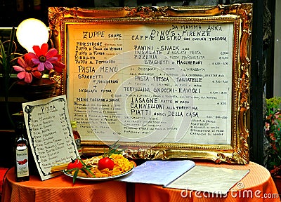 Italian restaurant menu on a table Editorial Stock Photo