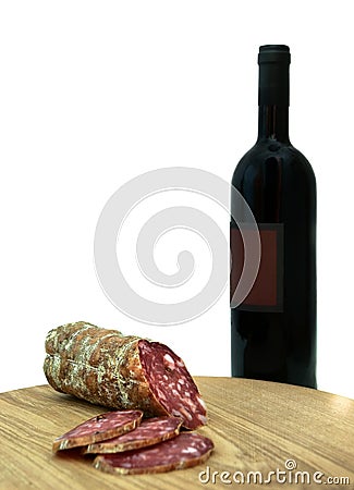 Italian sausage and wine bottle Stock Photo