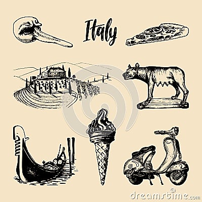 Italian set of sketches. Hand drawn illustrations of Italy travel symbols. Vector touristic signs of vacations. Vector Illustration