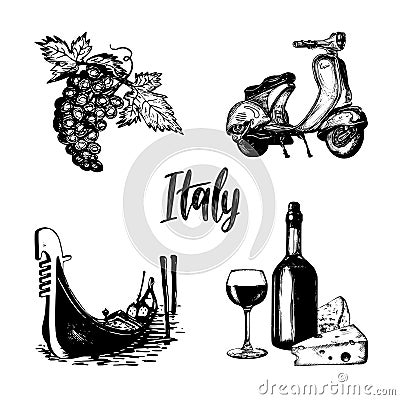 Italian set of sketches. Hand drawn illustrations of Italy travel symbols. Vector touristic signs of vacations. Vector Illustration