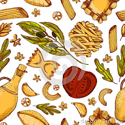 Italian Sketch food Seamless pattern with different Pasta for reastaurant menu. Delicious hand drawn wallpaper on white Vector Illustration