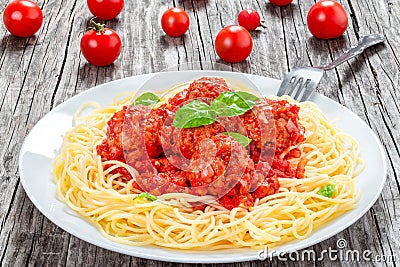 Italian spahgetti with meatballs and tomato sauce, close-up Stock Photo