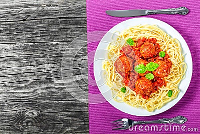 Italian spahgetti with meatballs, tomato sauce, top view Stock Photo