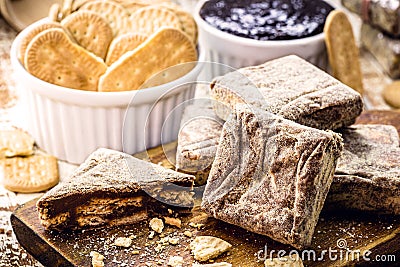 Italian straw, Brazilian chocolate candy, crushed cornstarch biscuits and condensed milk Stock Photo