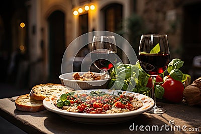 Italian table full in traditional Trattoria., generative IA Stock Photo