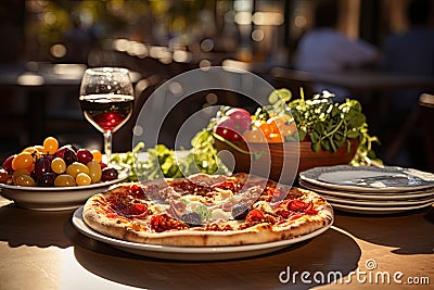 Italian table full under centenary olive groves in lively square., generative IA Stock Photo