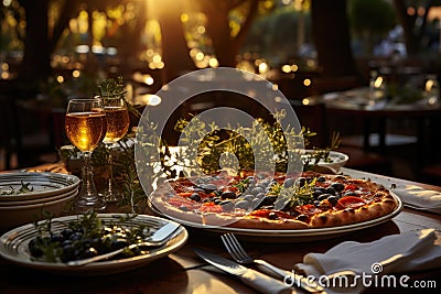 Italian table full under centenary olive groves in lively square., generative IA Stock Photo