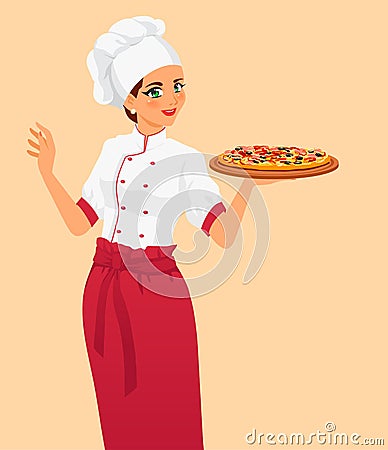 Italian tasty pizza and woman chef Vector Illustration