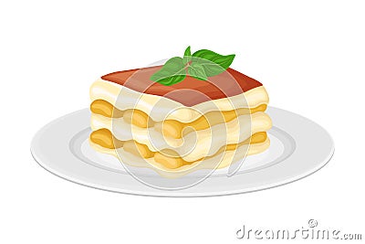 Italian Tiramisu Cake Layered with Whipped Cream and Mascarpone Cheese Vector Illustration Vector Illustration