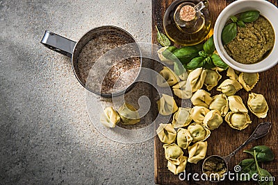 Italian tortellini with spinach Stock Photo