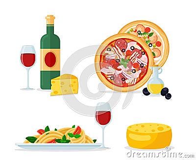 Italian traditional food and mill color cartoon flat vector illustration set Vector Illustration