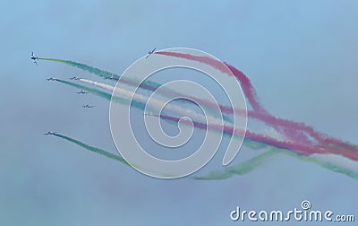 Jetplane Italian tricolor arrows in acrobatic team during air show Vector Illustration