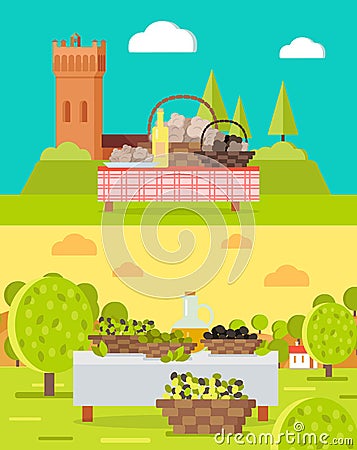 Italian Truffles and Spanish Olive Oil Concepts Vector Illustration