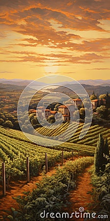 Italian Vineyard Landscape Painting In The Style Of Dalhart Windberg Stock Photo