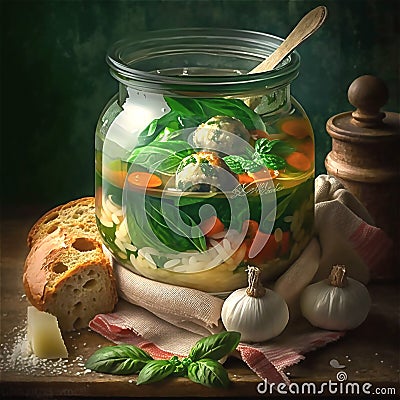 Italian wedding soup in glass jar on wooden table. Generative Al content Stock Photo