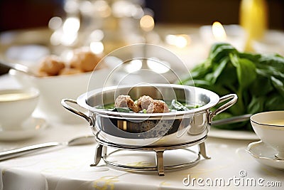 italian wedding soup with meatballs and spinach, in a silver tureen, ladle beside Stock Photo