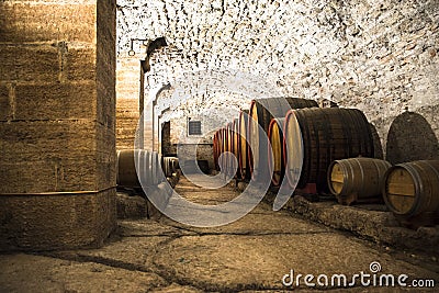 Italian wine cellar in barrels Stock Photo