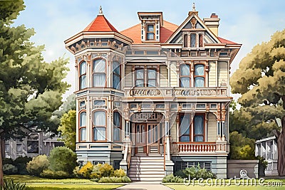 Italianate Style House (Cartoon Colored Pencil) Stock Photo