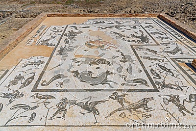 ITALICA, SPAIN, JUNE 25, 2019: Mosaics at roman ruins at Italica, Spain Editorial Stock Photo