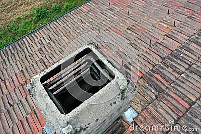 Italiy tile roof chimney detail drone view Stock Photo