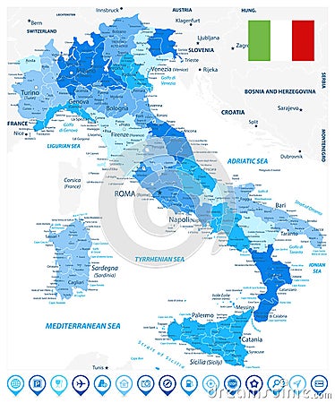 Italy Administrative Divisions Map Blue Colors and Blue Map Icons Vector Illustration