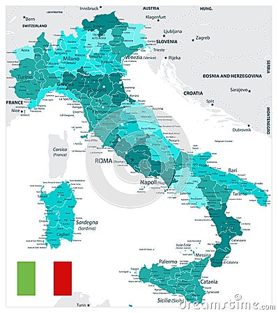 Italy Administrative Divisions Map Teal Colors Vector Illustration