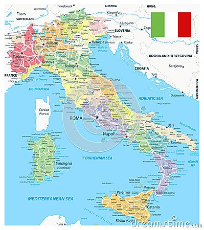 Italy Administrative Divisions and Road Map Vector Illustration