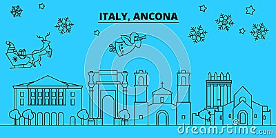 Italy, Ancona winter holidays skyline. Merry Christmas, Happy New Year decorated banner with Santa Claus.Italy, Ancona Vector Illustration