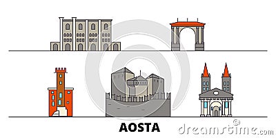Italy, Aosta flat landmarks vector illustration. Italy, Aosta line city with famous travel sights, skyline, design. Vector Illustration