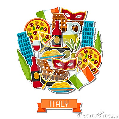 Italy background design. Italian sticker symbols and objects Vector Illustration