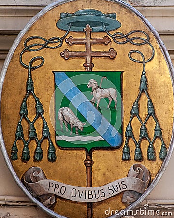 Italy. Bari. Coat of arms of Catholic Metropolitan Archbishop of the Archdiocese of Bari - Bitonto on golden yellow oval shield Editorial Stock Photo