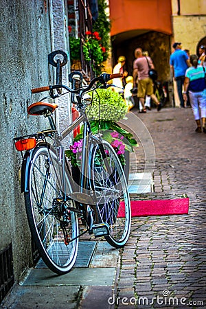 Italy beauty, one of canal streets and a bicycle in Venice, Venezia Editorial Stock Photo