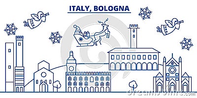 Italy, Bologna winter city skyline. Merry Christmas, Happy New Year Vector Illustration
