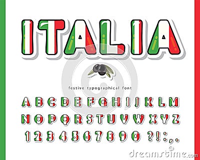 Italy cartoon font. Italian national flag colors. Paper cutout glossy ABC letters and numbers. Bright alphabet for Vector Illustration