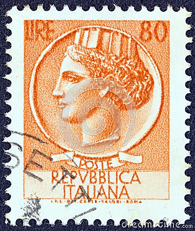 ITALY - CIRCA 1968: A stamp printed in Italy shows an Ancient coin of Syracuse, circa 1968. Editorial Stock Photo
