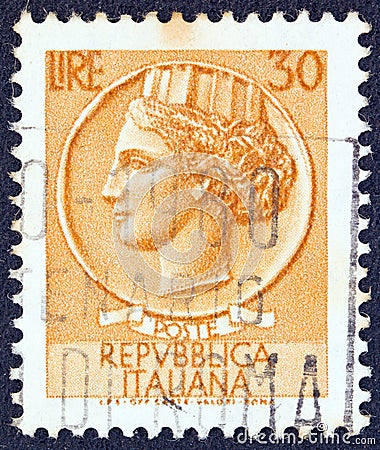 ITALY - CIRCA 1968: A stamp printed in Italy shows an Ancient coin of Syracuse, circa 1968. Editorial Stock Photo