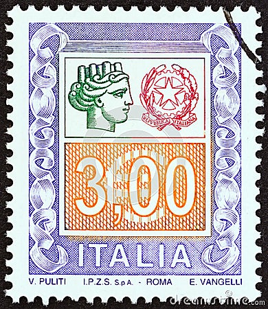 ITALY - CIRCA 2004: A stamp printed in Italy shows ornaments and Italy turreted, circa 2004. Editorial Stock Photo