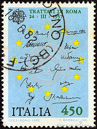 ITALY - CIRCA 1982: A stamp printed in Italy shows Treaty of Rome Treaty establishing the European Economic Community signatures Editorial Stock Photo