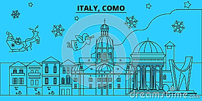 Italy, Como winter holidays skyline. Merry Christmas, Happy New Year decorated banner with Santa Claus.Italy, Como Vector Illustration