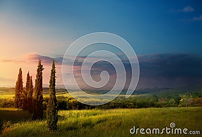 Art Italy countryside landscape with cypress trees on the mountain farmland Stock Photo