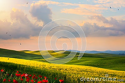 Italy countryside landscape; sunset over the tuscany hills Stock Photo