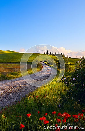 Italy countryside landscape; sunset over the tuscany hills Stock Photo