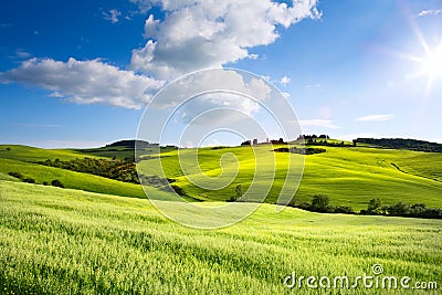 Italy countryside landscape with Tuscany rolling hills ; sunset Stock Photo