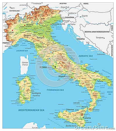 Italy Detailed Physical Map Vector Illustration