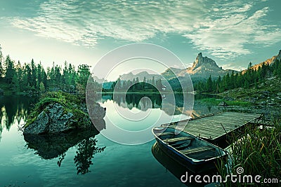 Italy, Dolomites - the beautiful lake at dawn to reveal a bluish green world Stock Photo